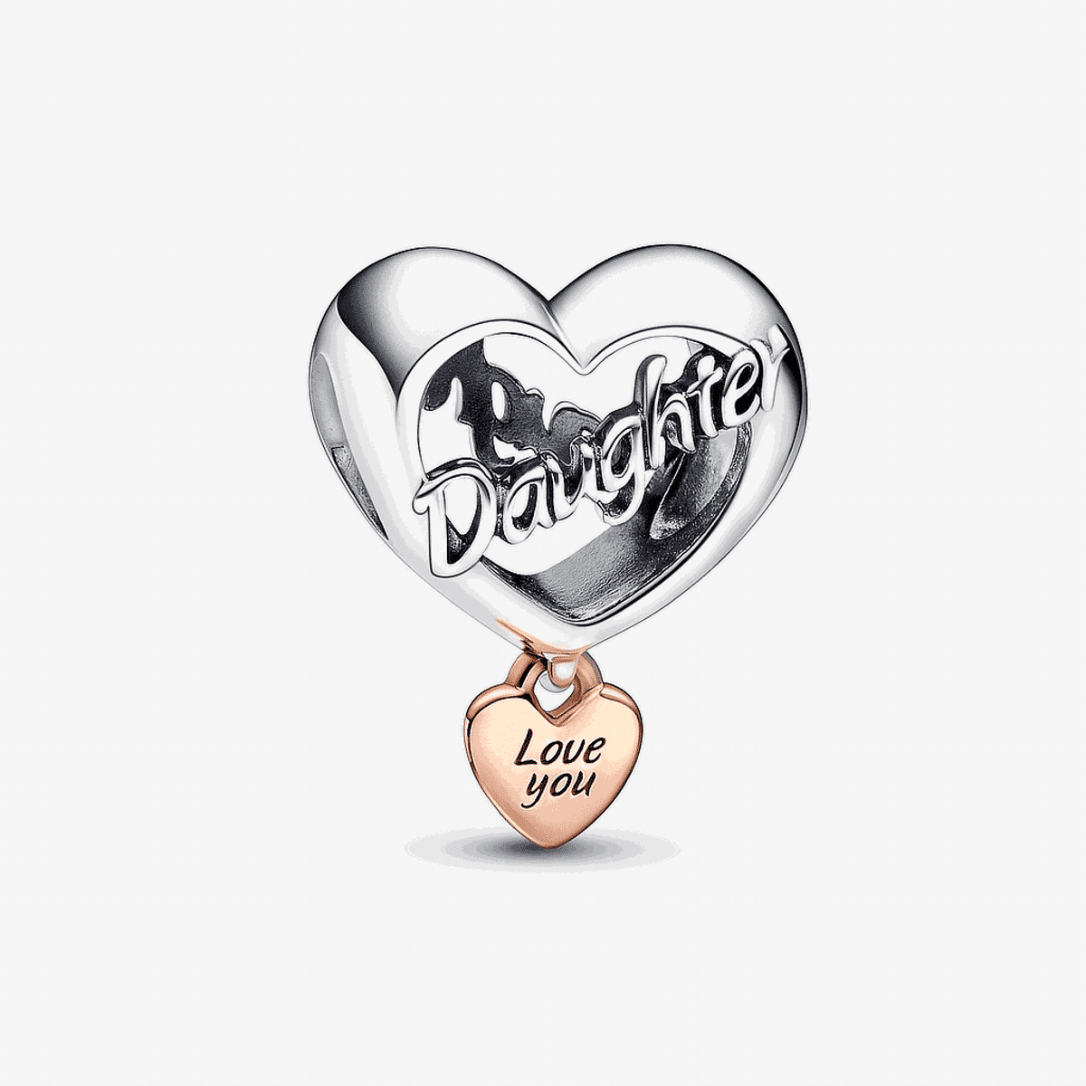 Charm Pandora en plata de ley con corazón y mensaje 'Daughter' y pequeño corazón colgante chapado en oro rosa con inscripción 'Love you' - 782327C00