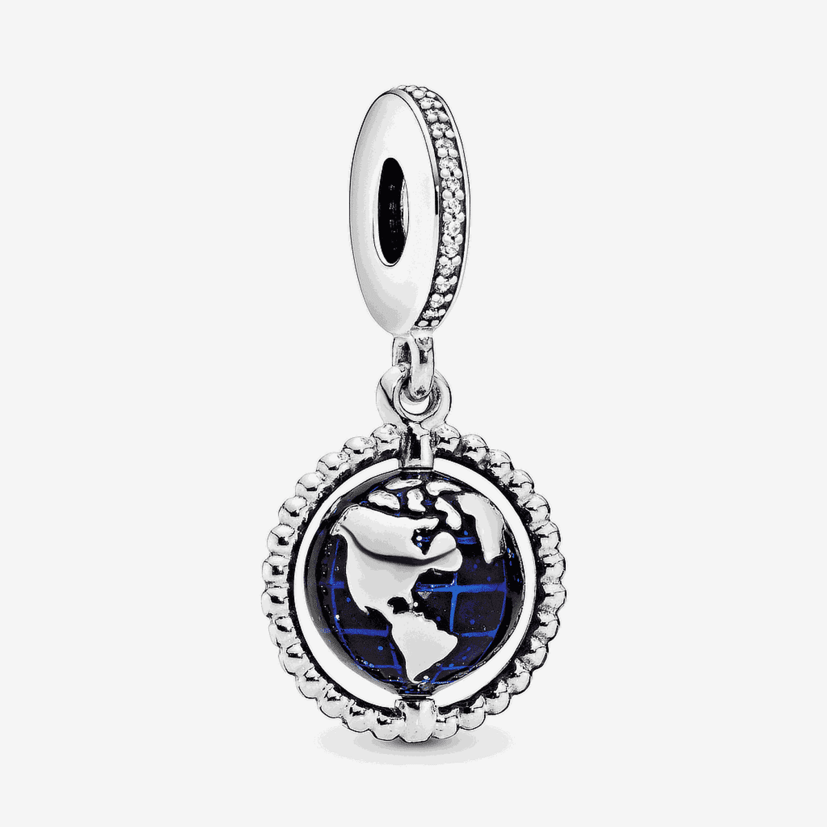 Charm colgante Pandora en plata de ley con diseño de globo terráqueo en azul marino - 798021CZ