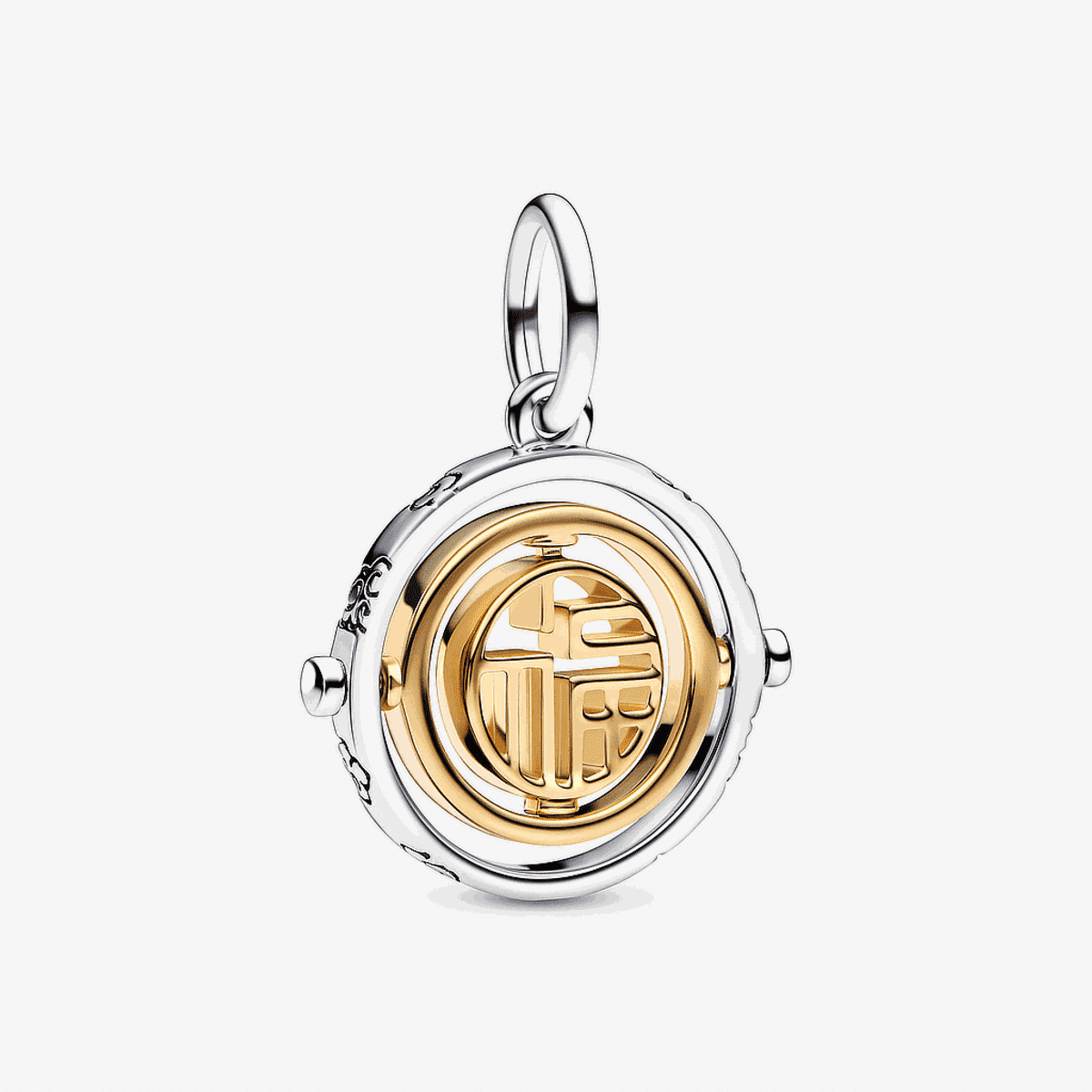 Vista frontal del charm colgante Pandora Fú Giratorio en plata y oro - 762536C00