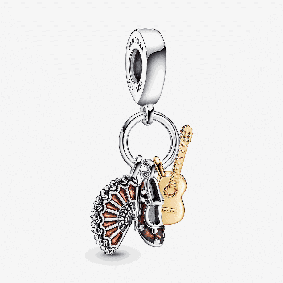 Charm colgante español Pandora en plata y oro con guitarra, zapato y abanico - 760765C01
