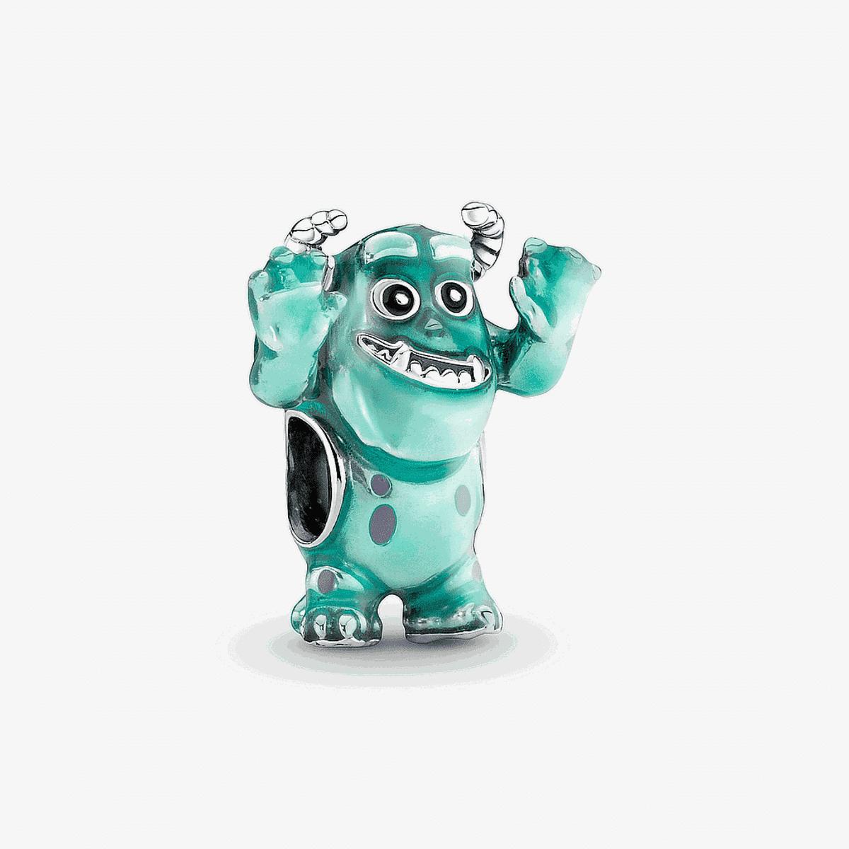 Vista frontal del charm Pandora Sulley de plata con detalles en turquesa y morado de Pixar - 792031C01