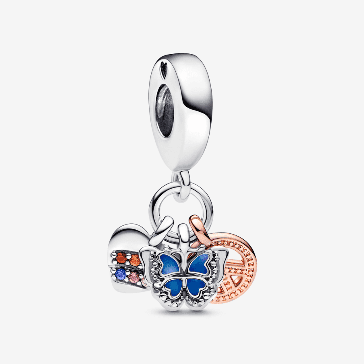 Charm colgante Pandora de plata y oro rosa con diseños de paz, mariposa y amor - 782572C01