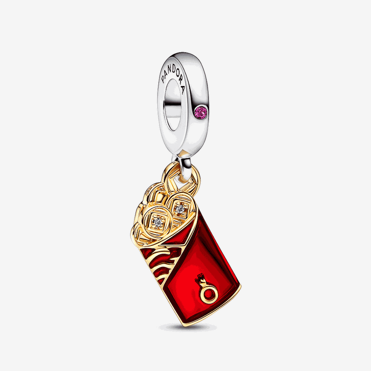 Charm colgante Pandora de plata y oro con sobre rojo y cristales - 762470C01