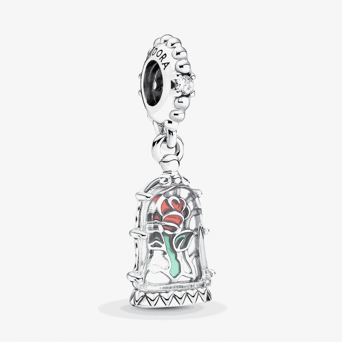Charm colgante Pandora Rosa Encantada Disney en plata de ley con detalles en rojo y verde - 790024C01