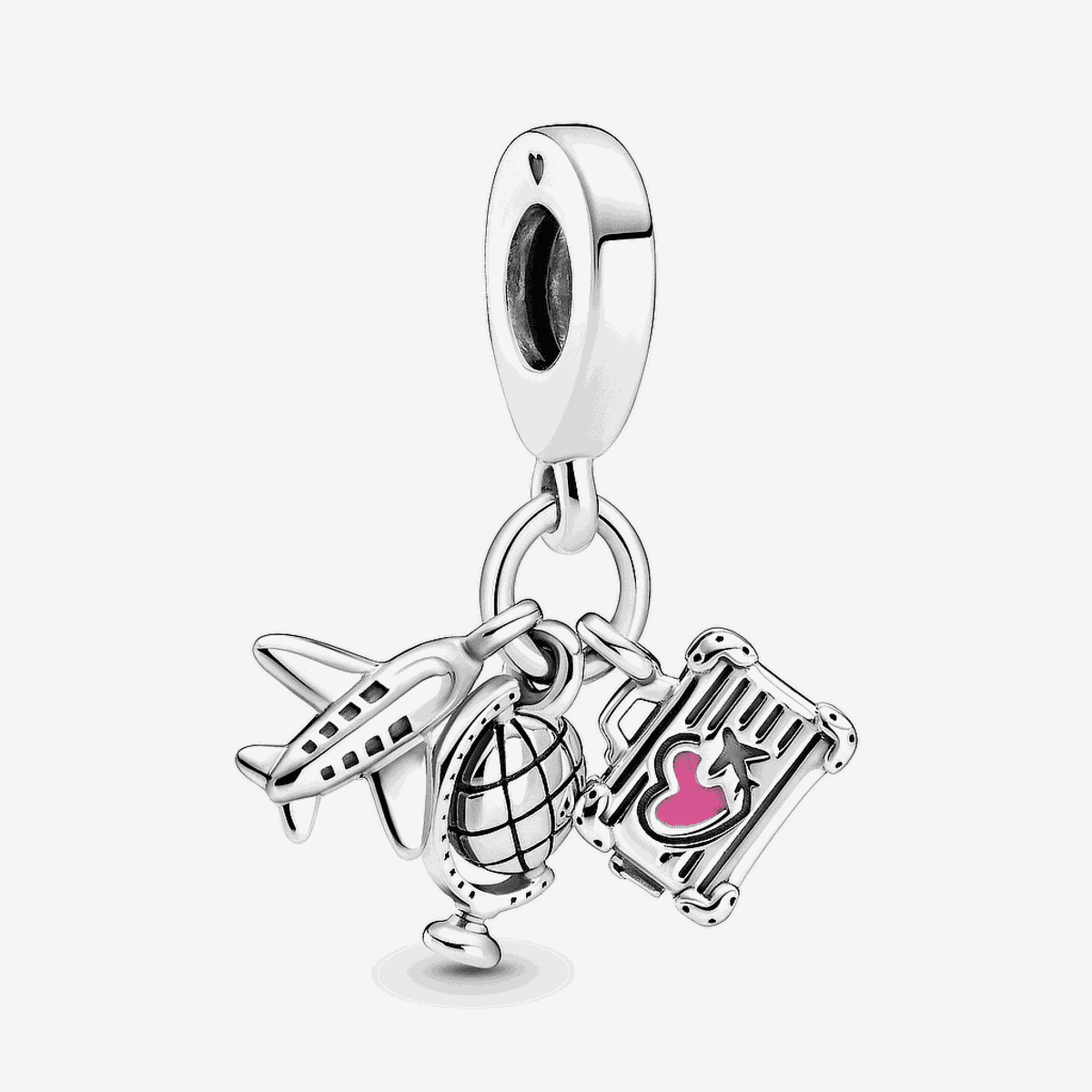 Charm colgante Pandora en plata de ley con diseño de avión, globo terráqueo y maleta con detalle rosa - 799435C01