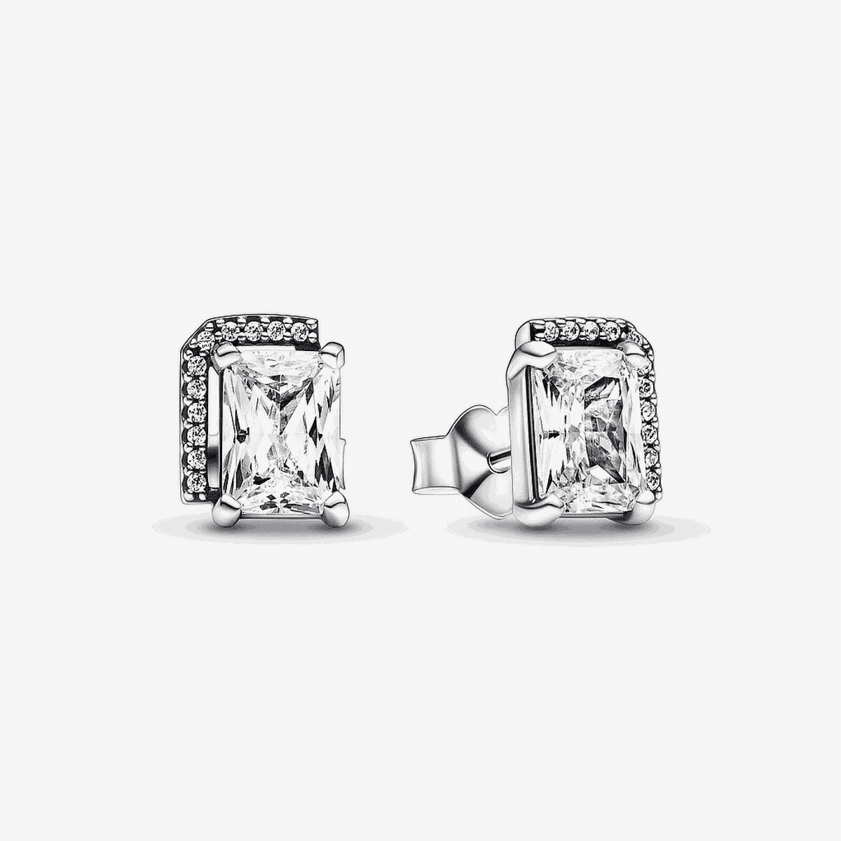 Pendientes Pandora de botón Halo Rectangular en plata de ley con cristales brillantes - 292380C01