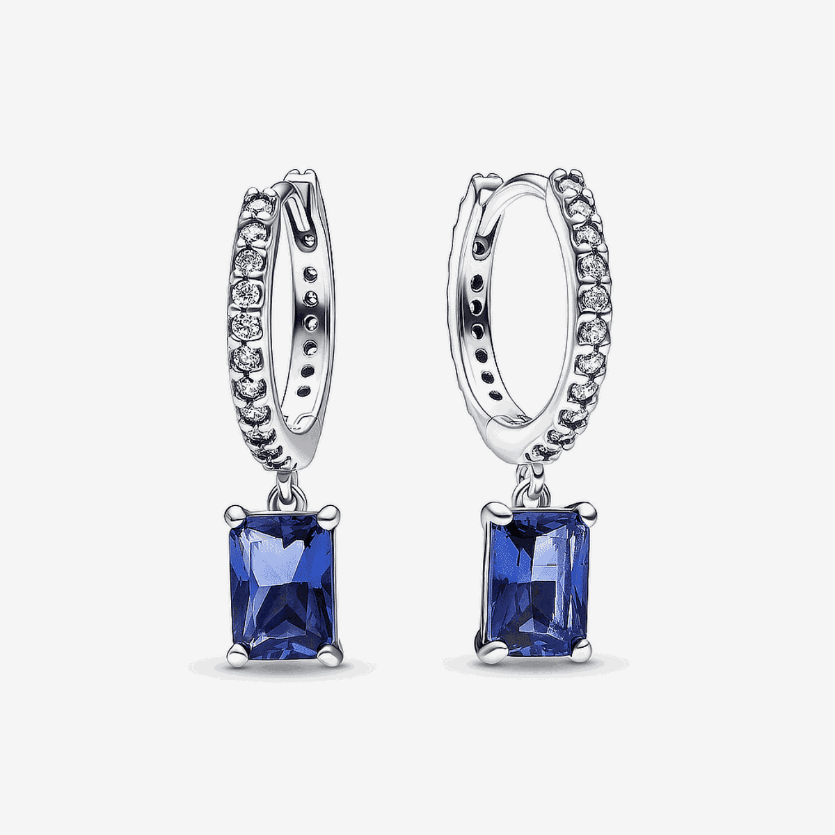 Pendientes Pandora de aro en plata de ley con cristal azul rectangular y pavé brillante - 292381C01