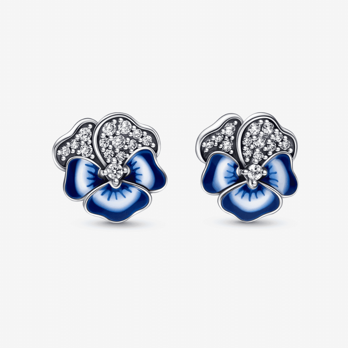 Pendientes Pandora de botón Flor Pensamiento en plata de ley con esmalte azul y cristales - 290781C01