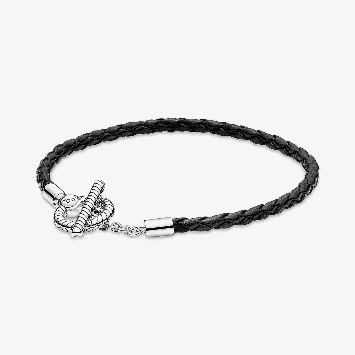 Pulsera Pandora Moments de cuero negro trenzado con cierre en T de plata, vista lateral - 591675C01