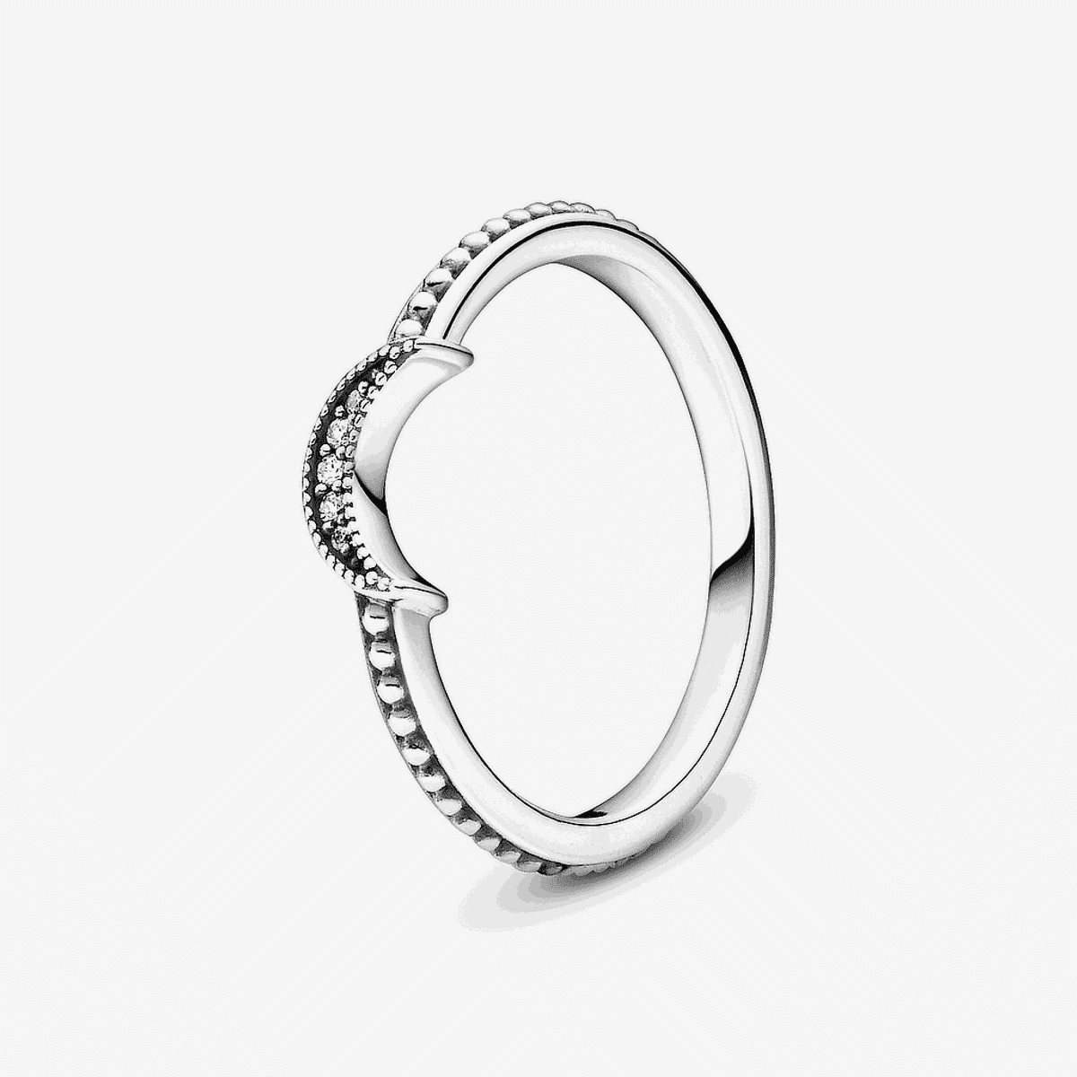 Vista frontal del Anillo Pandora de Esferas Luna Creciente en plata de ley con diseño de media luna y detalles en pavé - 199156C01