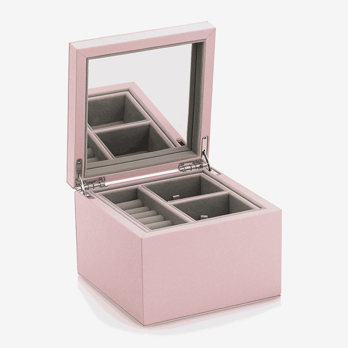 Joyero Pequeño Pandora rosa con espejo y compartimentos interiores en gris, vista superior con tapa abierta - A004