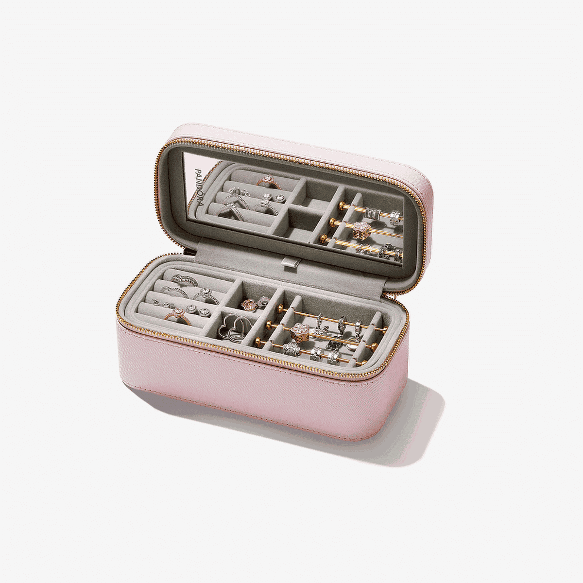 Joyero Pandora Pequeño Rosa con detalles dorados mostrando compartimentos para joyas - A008