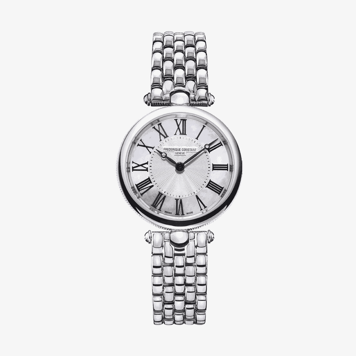 Vista frontal del Reloj Frederique Constant Art Deco Round con brazalete de acero plateado y esfera blanca con números romanos - FC-200MPW2AR6B