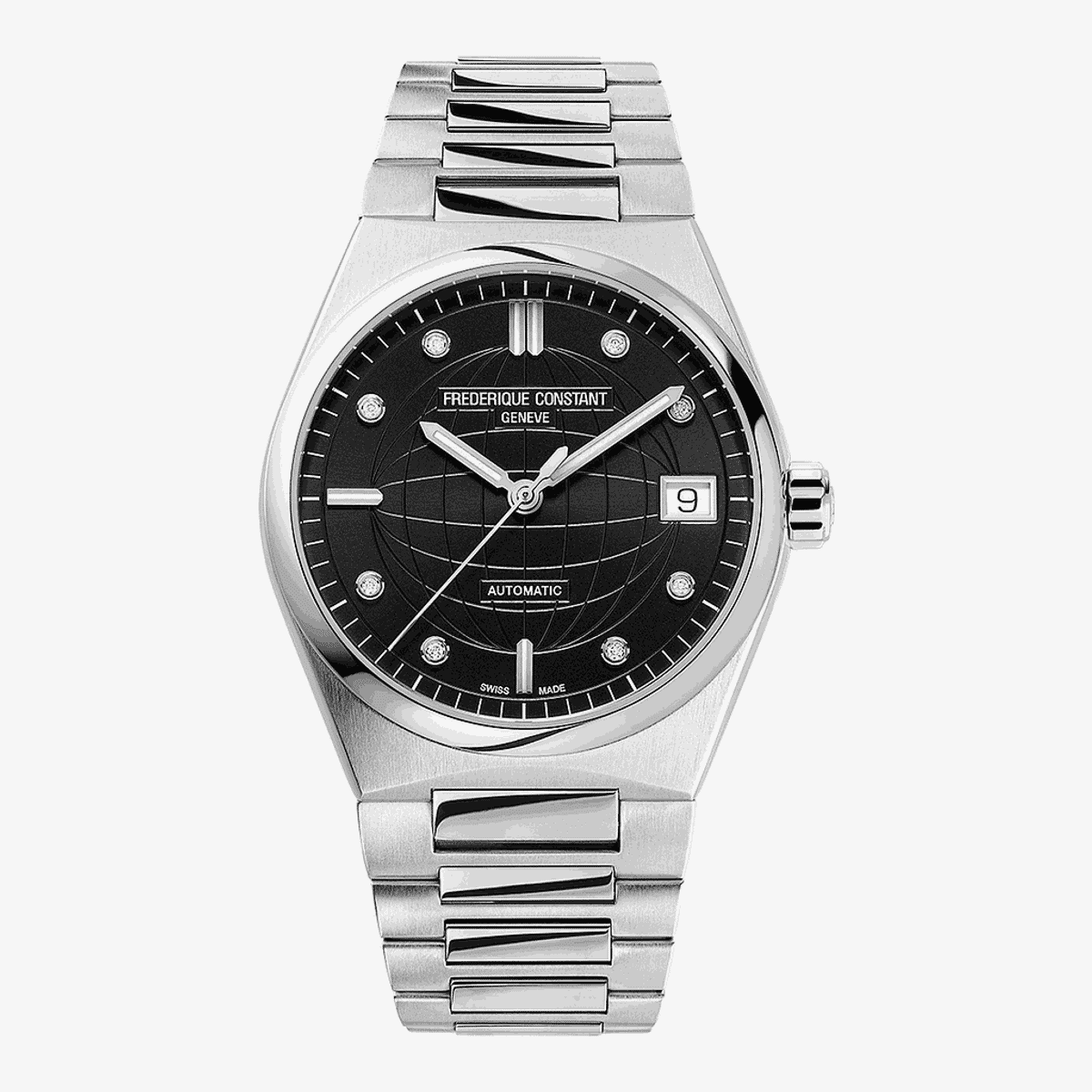Vista frontal del Reloj Frederique Constant Ladies Automático con brazalete de acero plateado y esfera negra - FC-303BD2NH6B