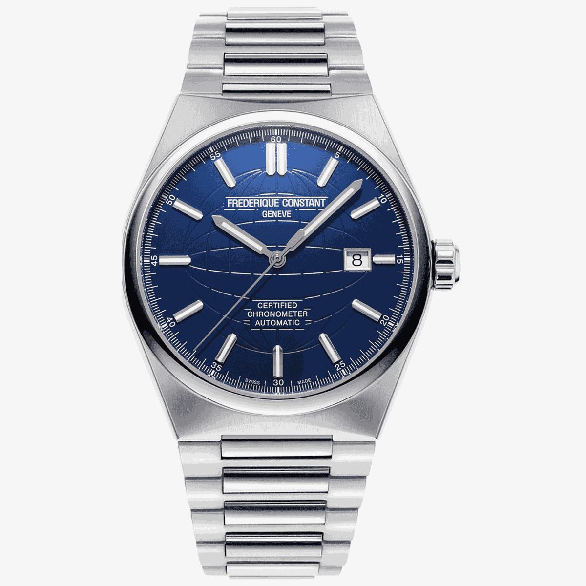 Vista frontal del Reloj Frederique Constant Automático COSC con esfera azul y brazalete de acero - FC-303N4NH6B