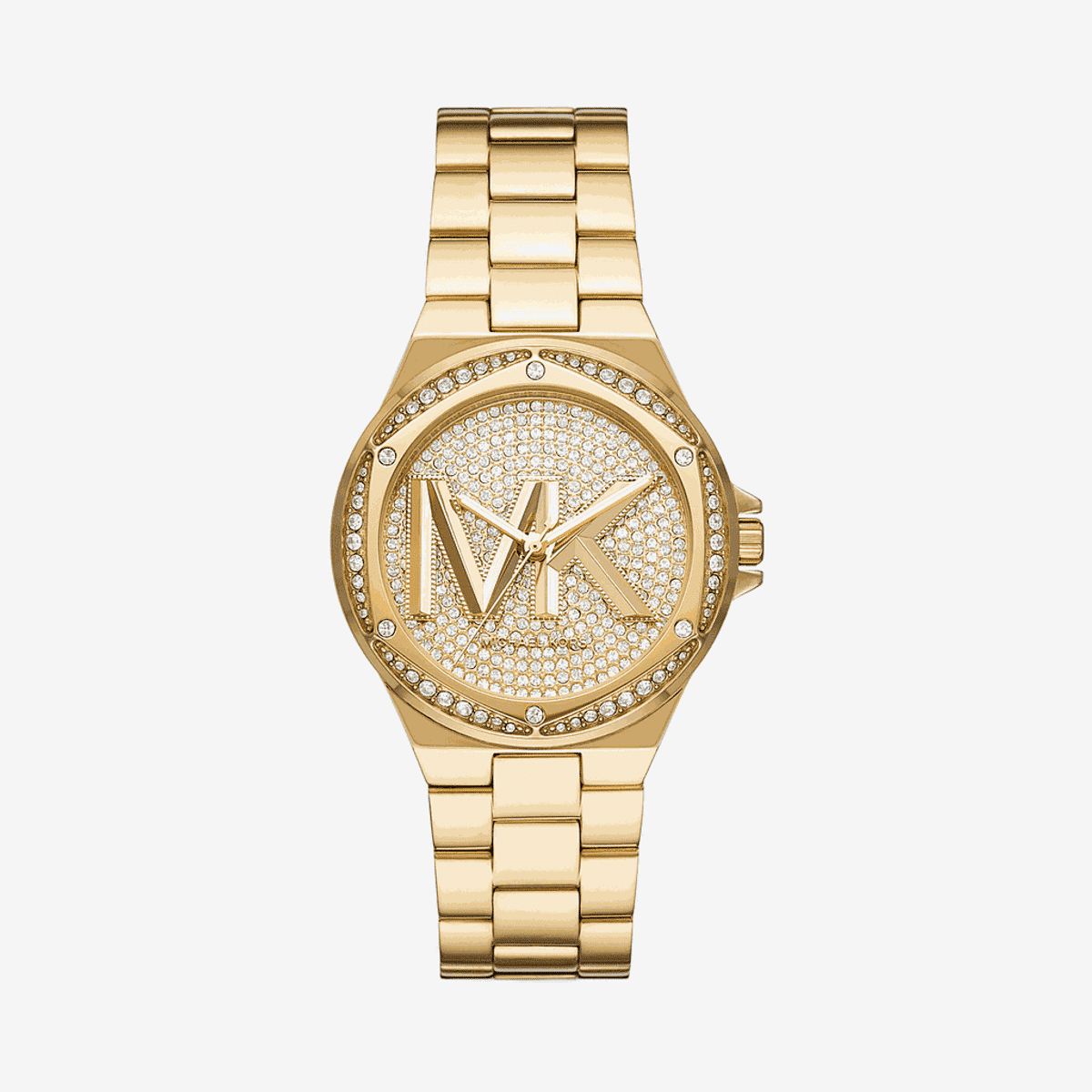 Vista frontal del Reloj Michael Kors Lennox dorado con incrustaciones y logo MK en la esfera - MK7229