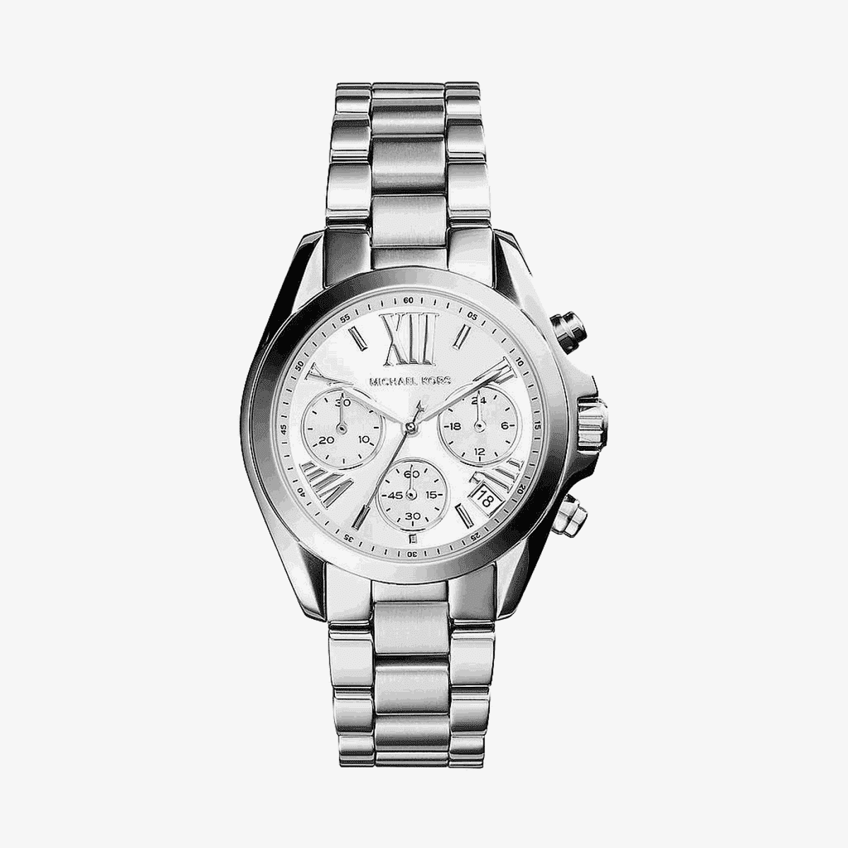 Vista frontal del Reloj Michael Kors Mini Bradshaw plateado con cronógrafo y esfera blanca - MK6174
