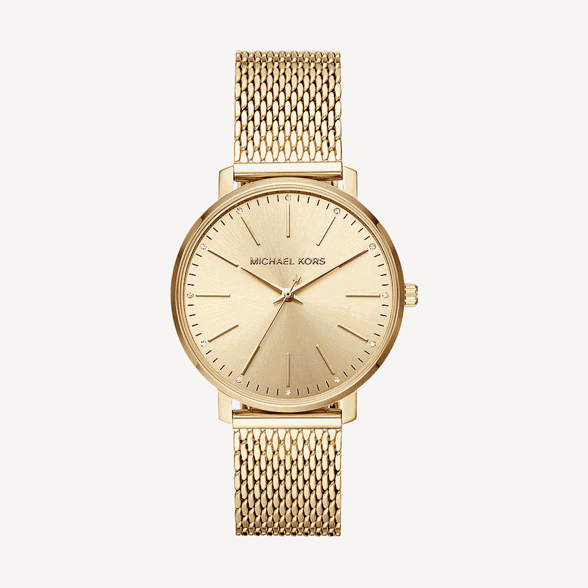 Vista frontal del Reloj Michael Kors Pyper dorado con malla milanesa y esfera dorada - MK4339