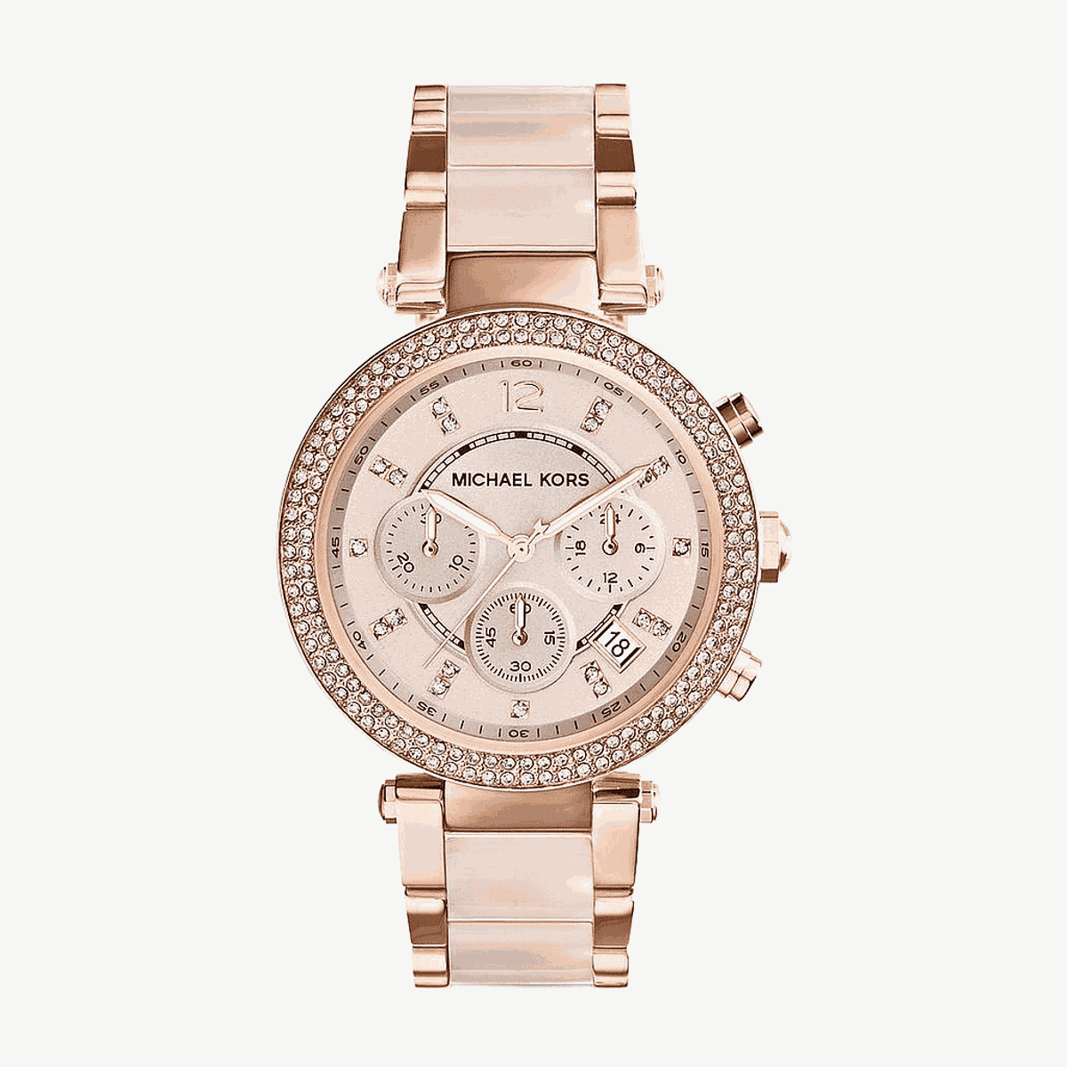Vista frontal del Reloj Michael Kors Parker rosa con cronógrafo y cristales - MK5896