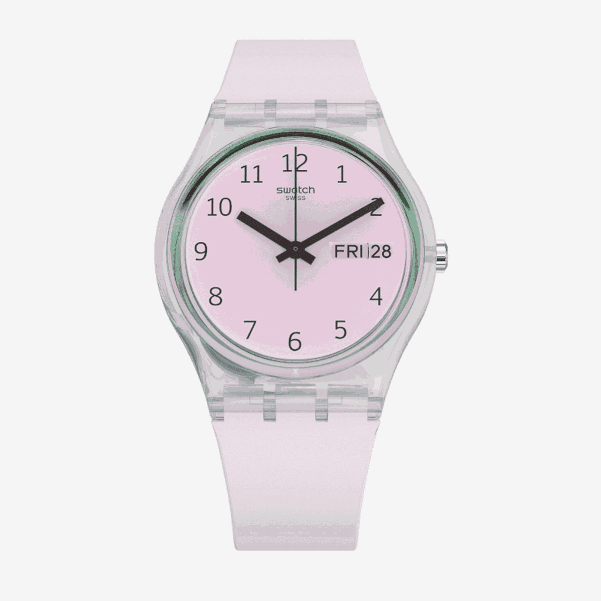 Reloj Swatch Ultrarose con esfera rosa claro, caja transparente y correa de silicona rosa - GE714