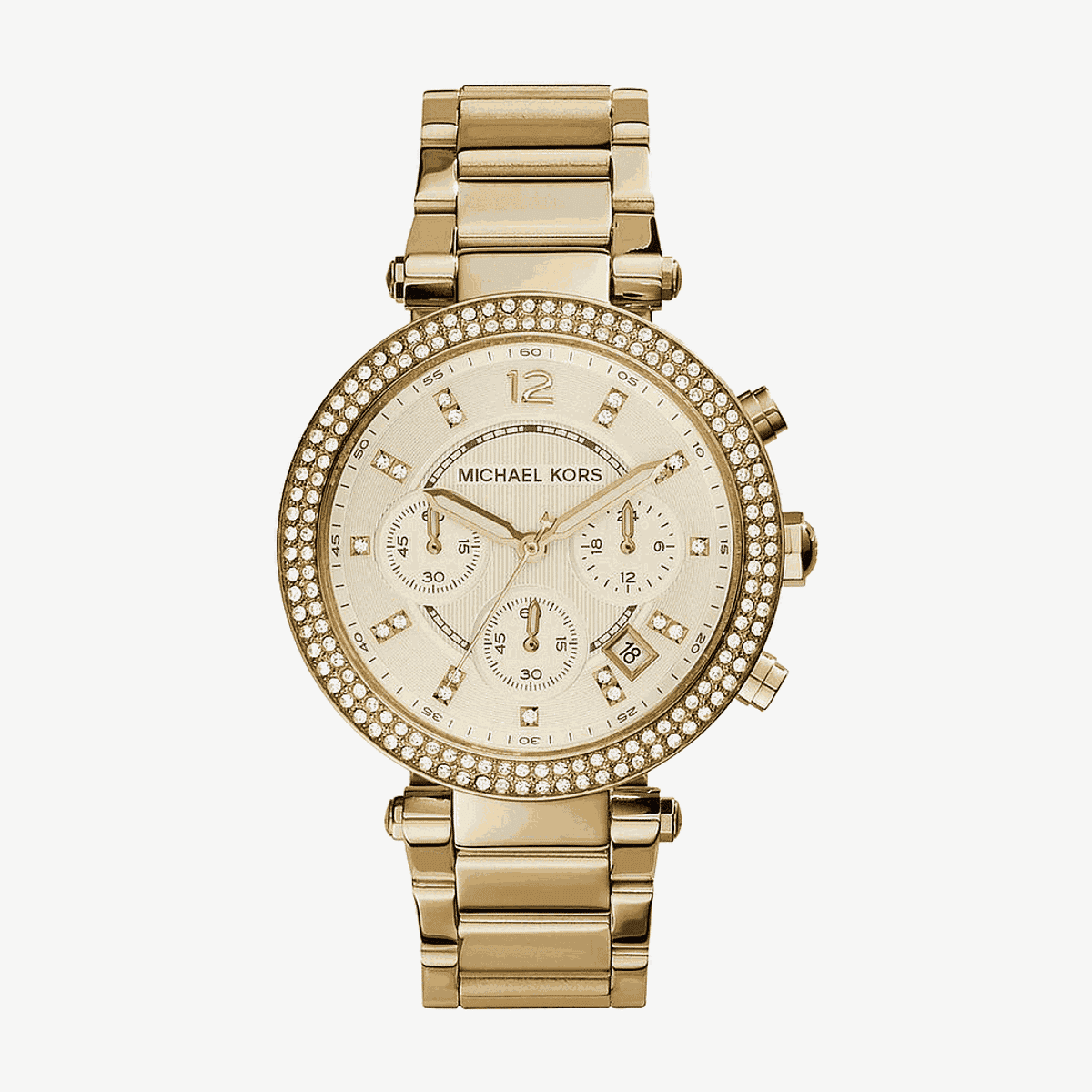 Vista frontal del Reloj Michael Kors Parker dorado con cronógrafo y cristales - MK5354