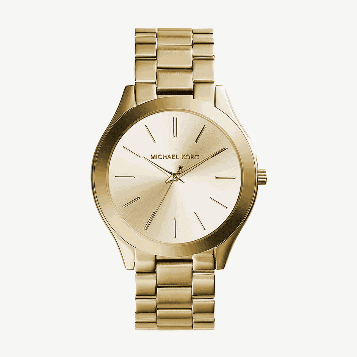 Vista frontal del Reloj Michael Kors Slim Runway dorado con esfera dorada - MK3179