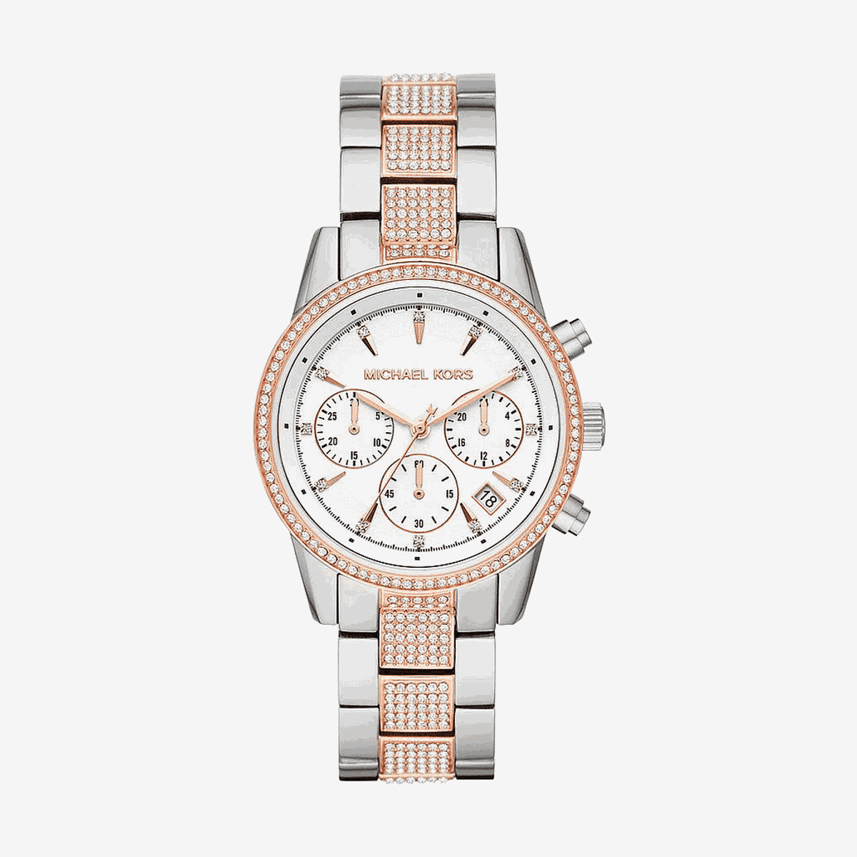 Vista frontal del Reloj Michael Kors Ritz bicolor plateado y oro rosa con cristales - MK6651