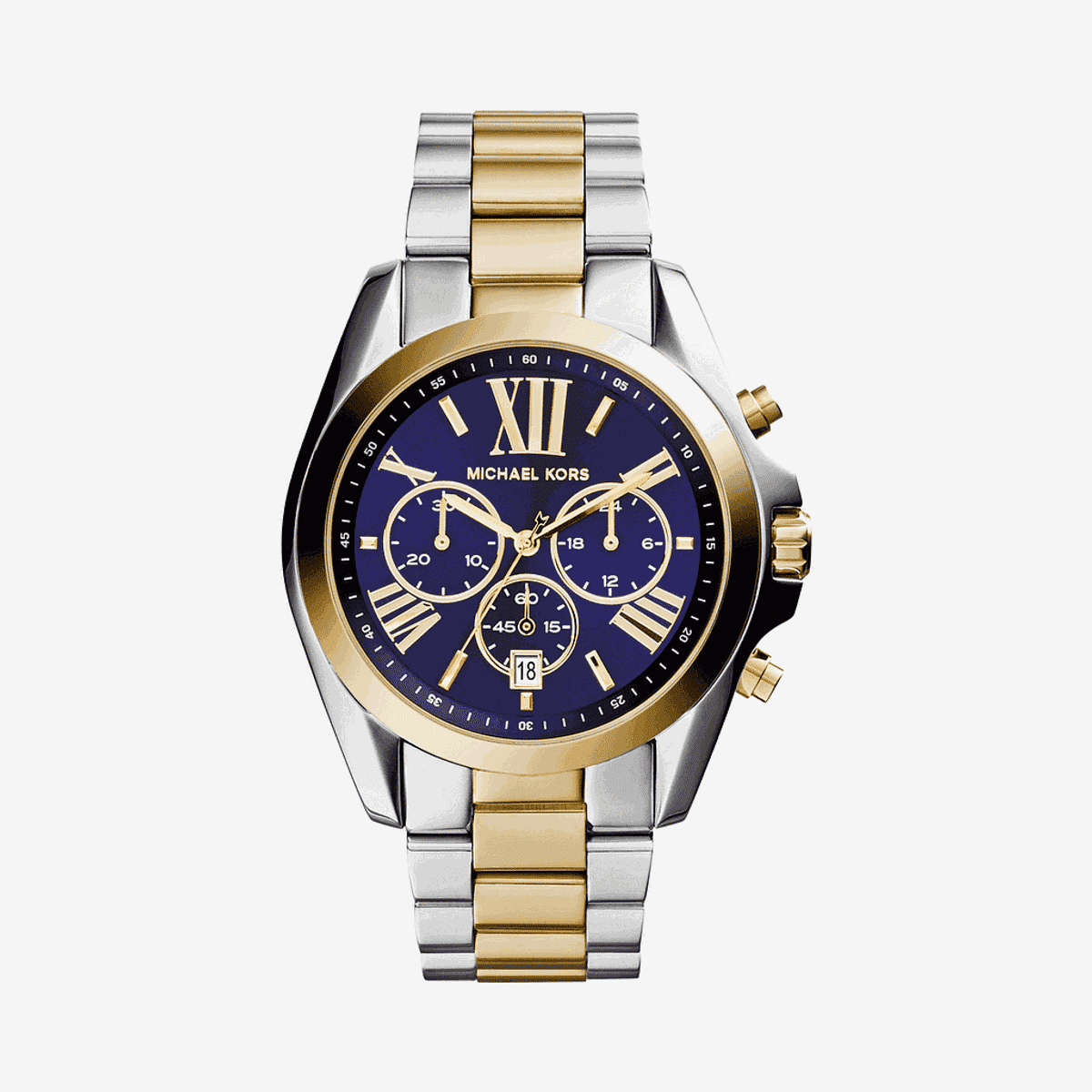 Vista frontal del Reloj Michael Kors Bradshaw bicolor con esfera azul y cronógrafo - MK5976