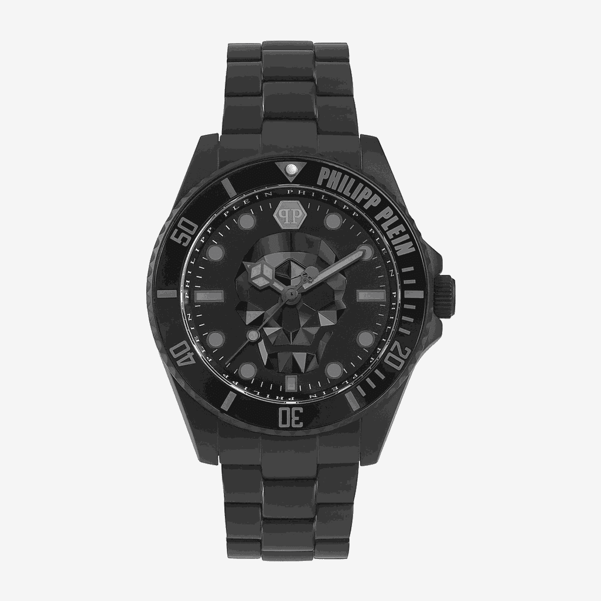 Reloj Philipp Plein $Kull Diver con caja y brazalete de acero negro, esfera negra con diseño de calavera - PWOAA0922