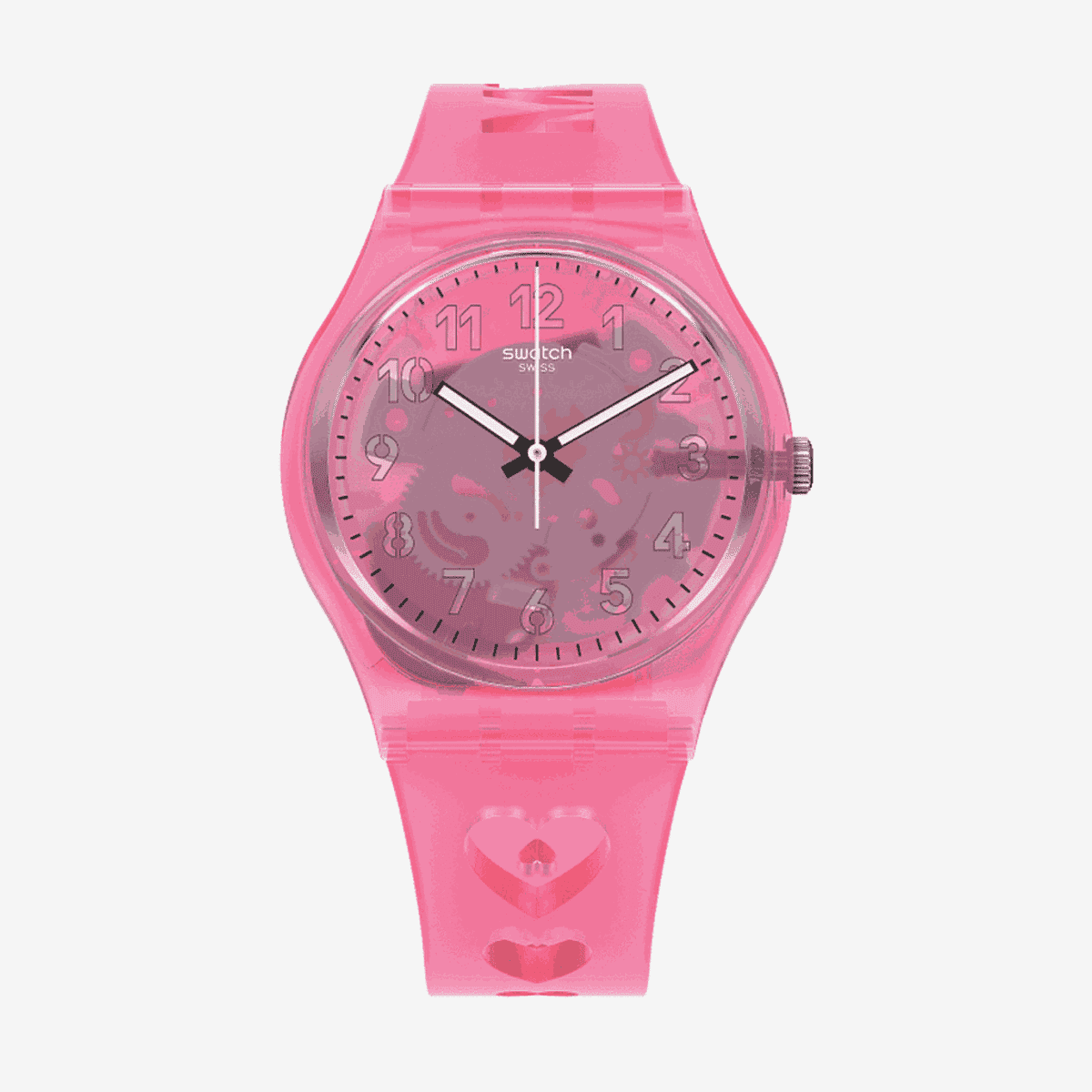 Reloj Swatch Love With All the Alphabet con caja y correa de silicona rosa, esfera rosa con números arábigos - GZ354