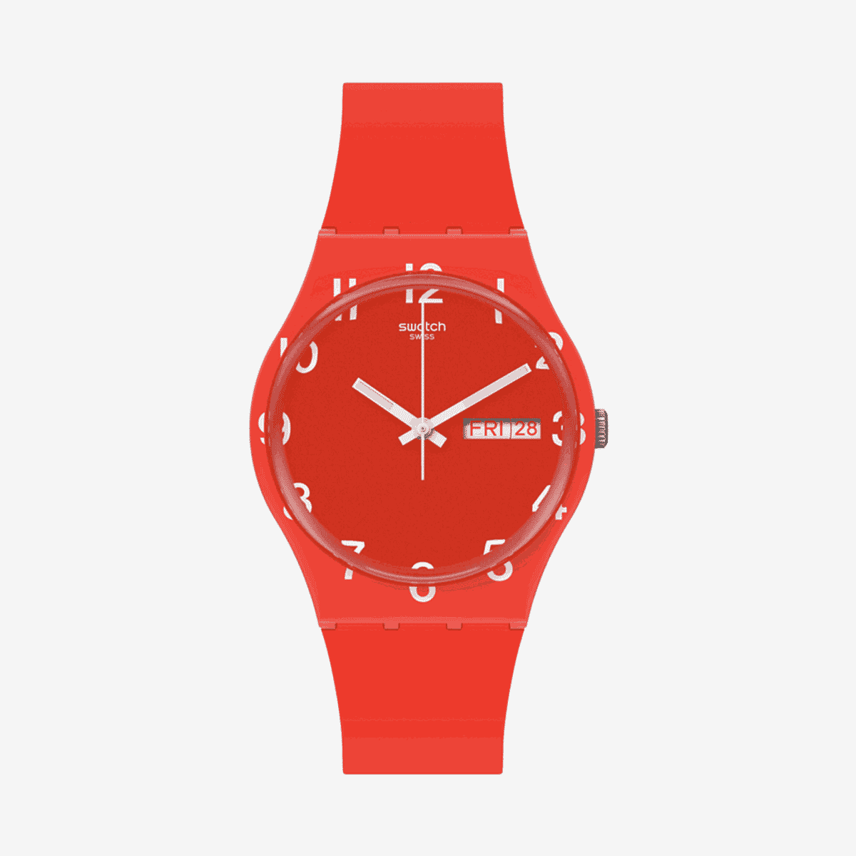 Reloj Swatch Over Red con caja y correa de silicona roja, esfera roja con día y fecha - GR713
