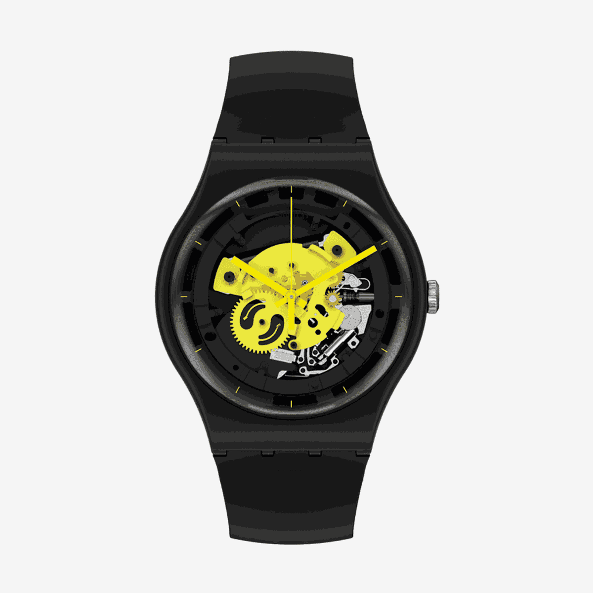 Reloj Swatch Time to Yellow Big con caja negra y detalles amarillos, esfera esqueleto - SO32B111