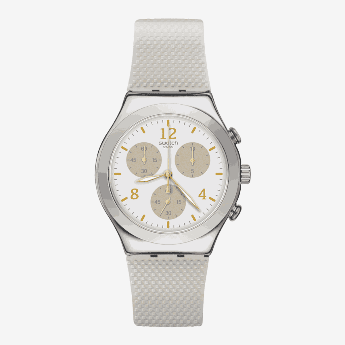 Reloj Swatch Hello Pretty con esfera blanca, cronógrafo y correa de silicona gris - YCS114