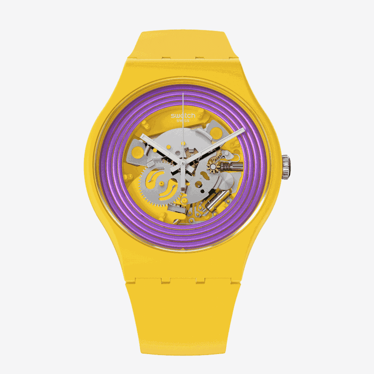Reloj Swatch Purple Rings Yellow con esfera esqueleto y correa de silicona amarilla - SO29J100