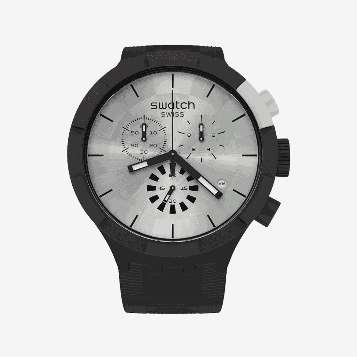Reloj Swatch Chequered Silver con caja y bisel negros, esfera plateada y correa de silicona negra. Vista frontal del cronógrafo. - SB02B404