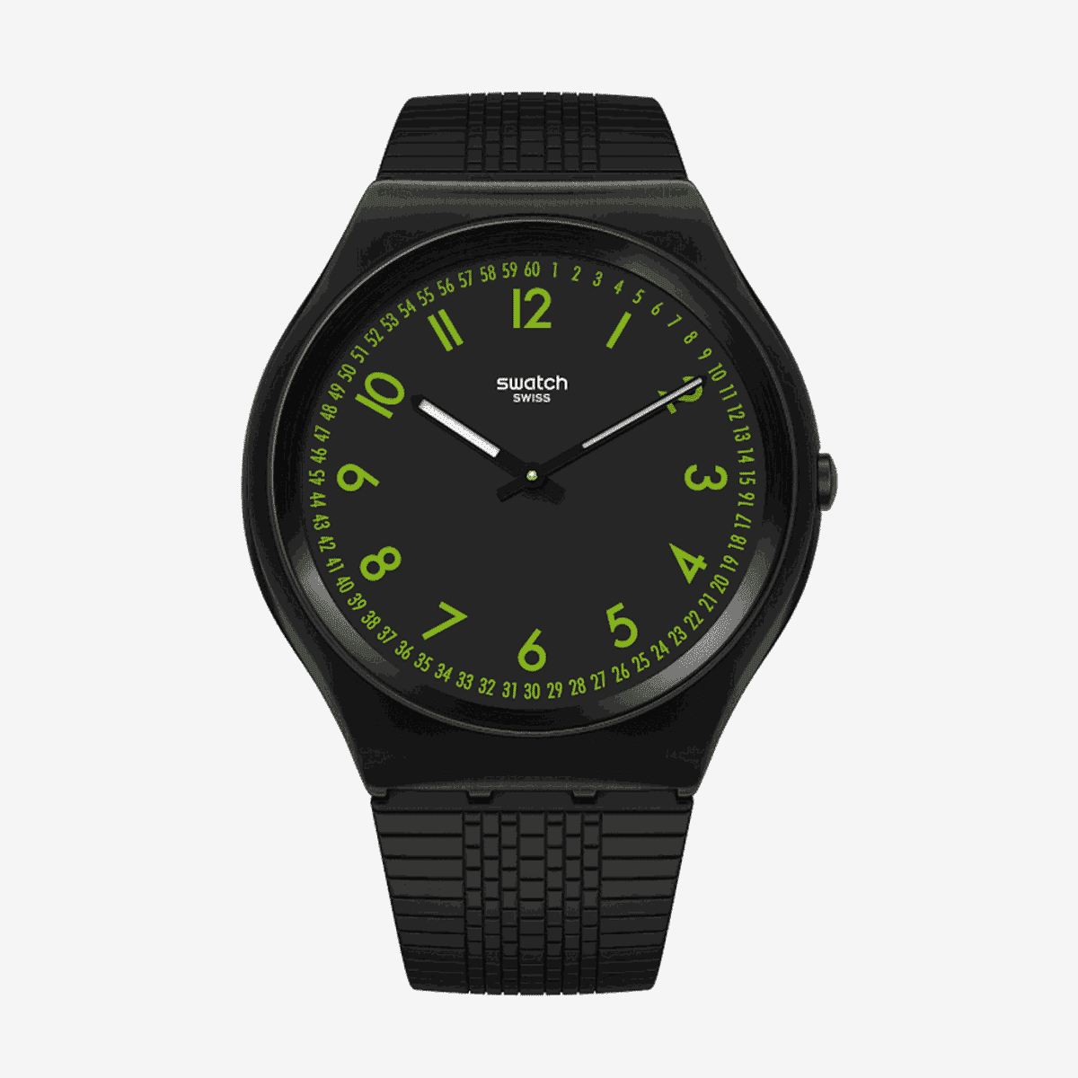 Reloj Swatch Brushed Green con caja y bisel negros, esfera negra con números verdes y correa de silicona negra. - SS07B108
