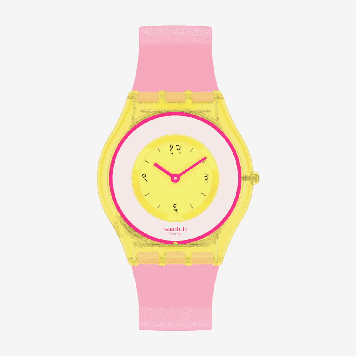 Reloj Swatch India Rose 01 con caja y correa en rosa claro, bisel amarillo transparente y esfera amarilla - SS08Z101