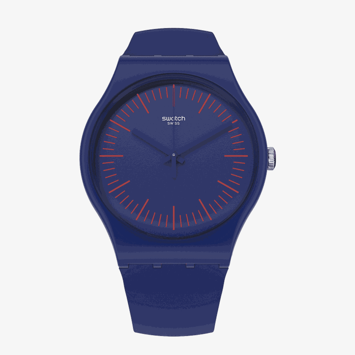 Reloj Swatch Bluenred con caja y correa azul marino, esfera azul con índices rojos - SUON146