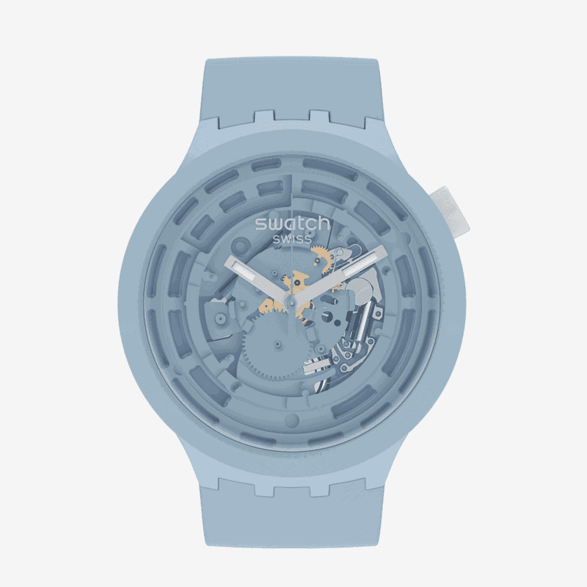 Reloj Swatch C-Blue con caja y correa celeste, esfera esqueletizada - SB03N100