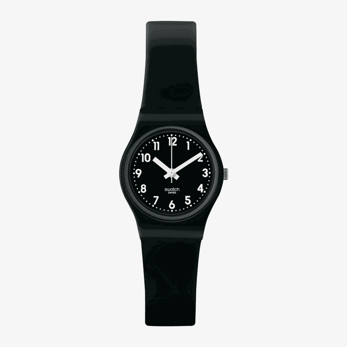 Reloj Swatch Lady Black Single con caja y correa negras y esfera negra con números arábigos blancos - LB170E