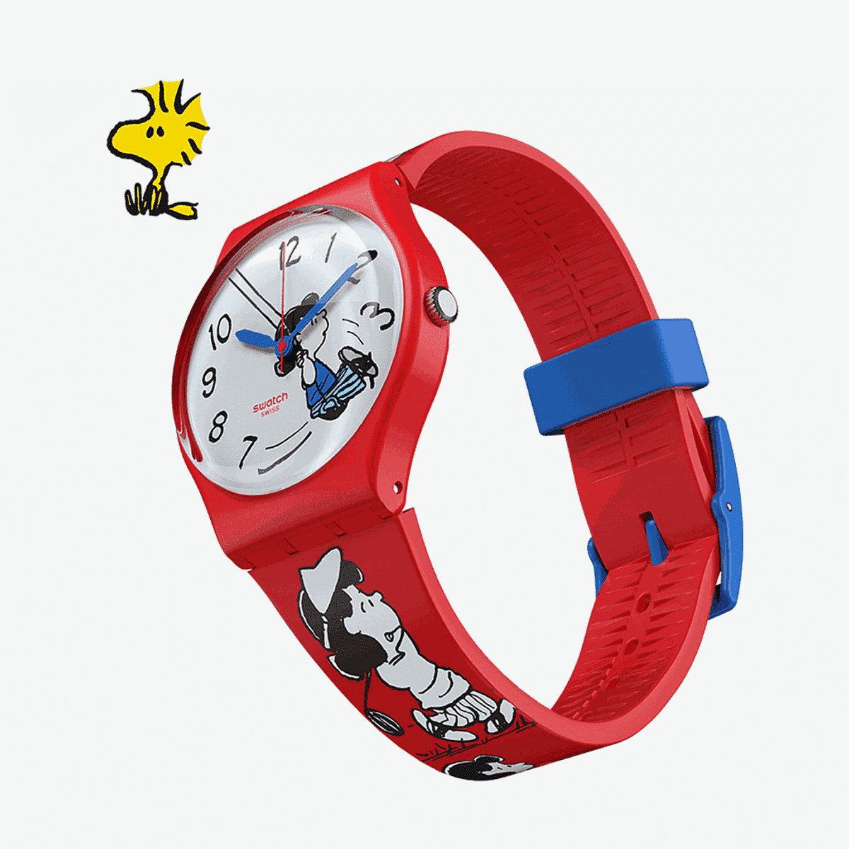 Reloj Swatch Klunk! con diseño de Snoopy, caja roja y correa roja con detalles azules - SO28Z106