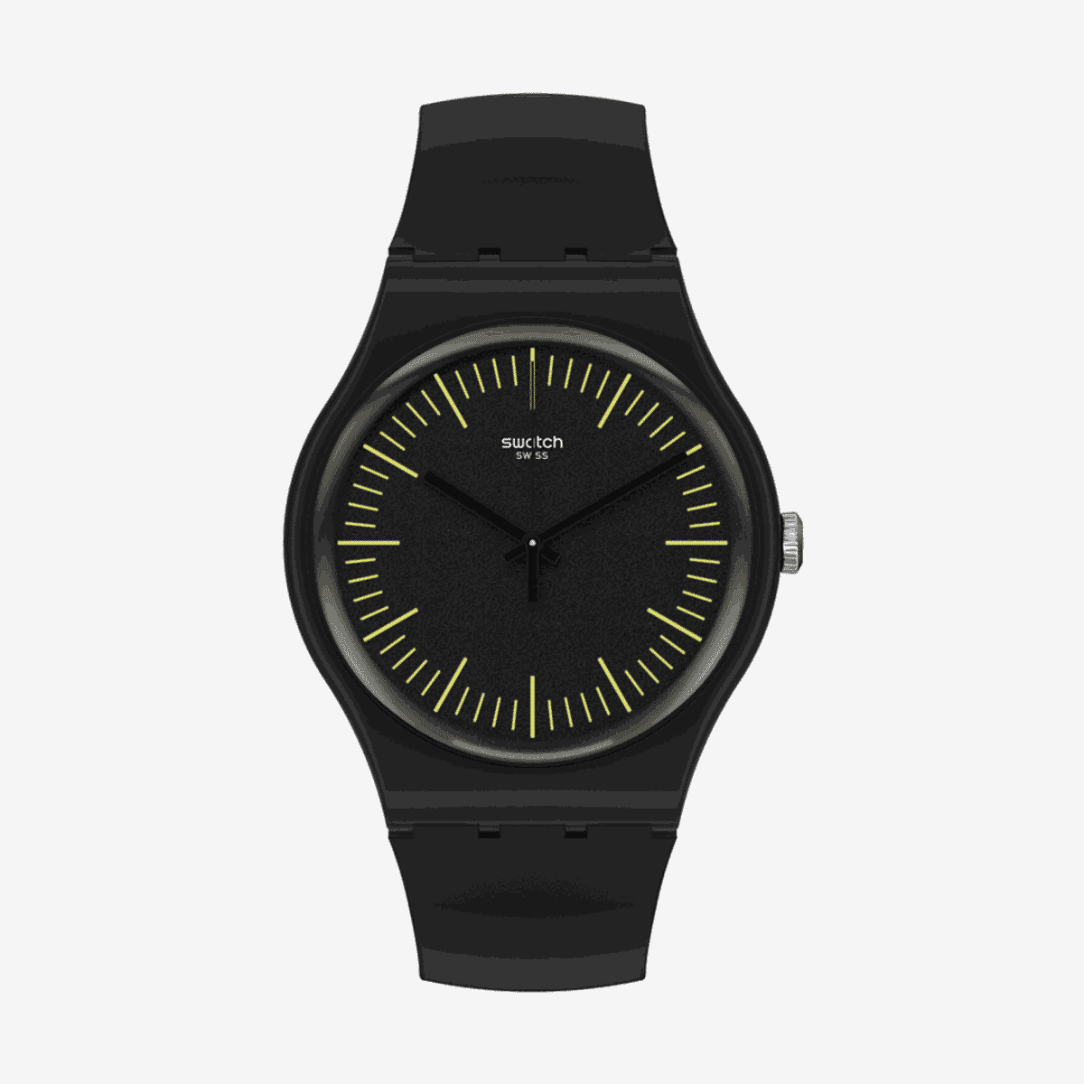 Vista frontal del Reloj Swatch Blacknyellow con esfera negra y marcadores amarillos, caja y correa en negro - SUOB184