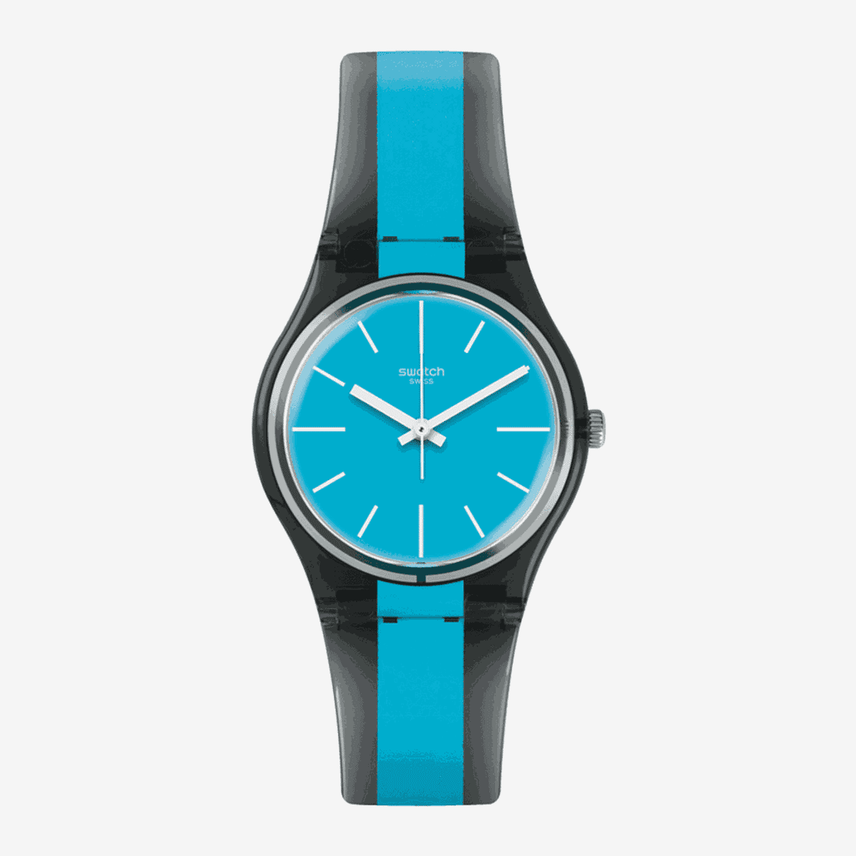 Vista frontal del Reloj Swatch Azzurrami con esfera turquesa y correa bicolor negro y turquesa - GM186