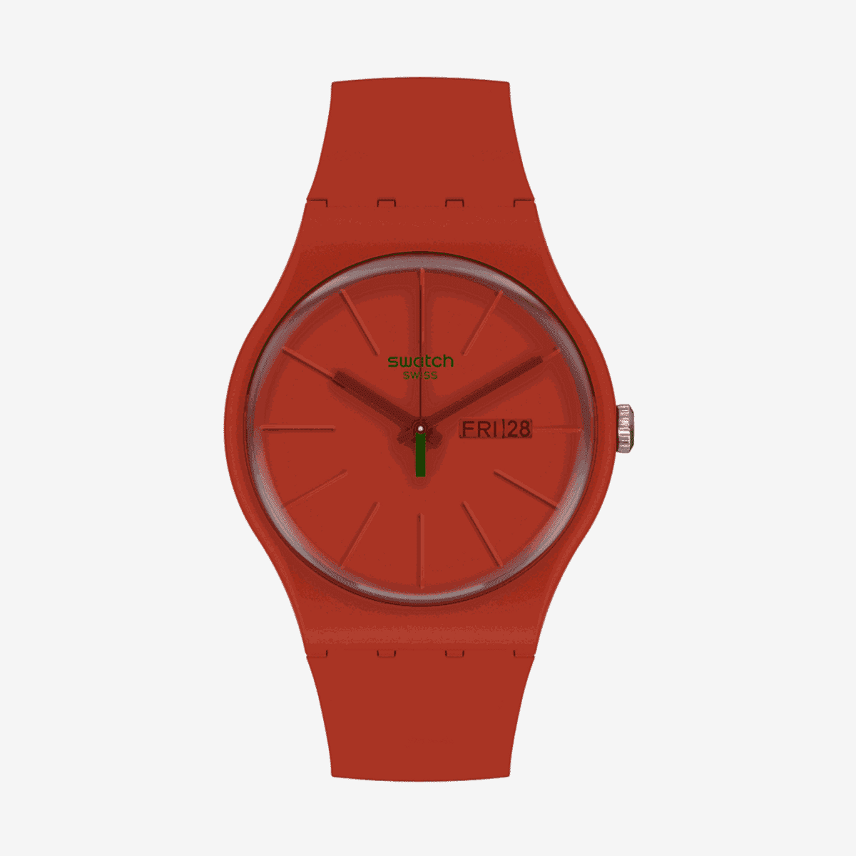 Vista frontal del Reloj Swatch Redvremya con esfera y correa roja - SO29R700