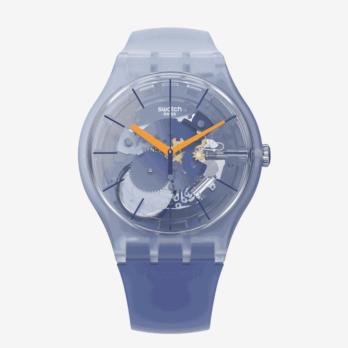 Vista frontal del Reloj Swatch All That Blues con caja transparente azul y correa azul marino - SUOK150