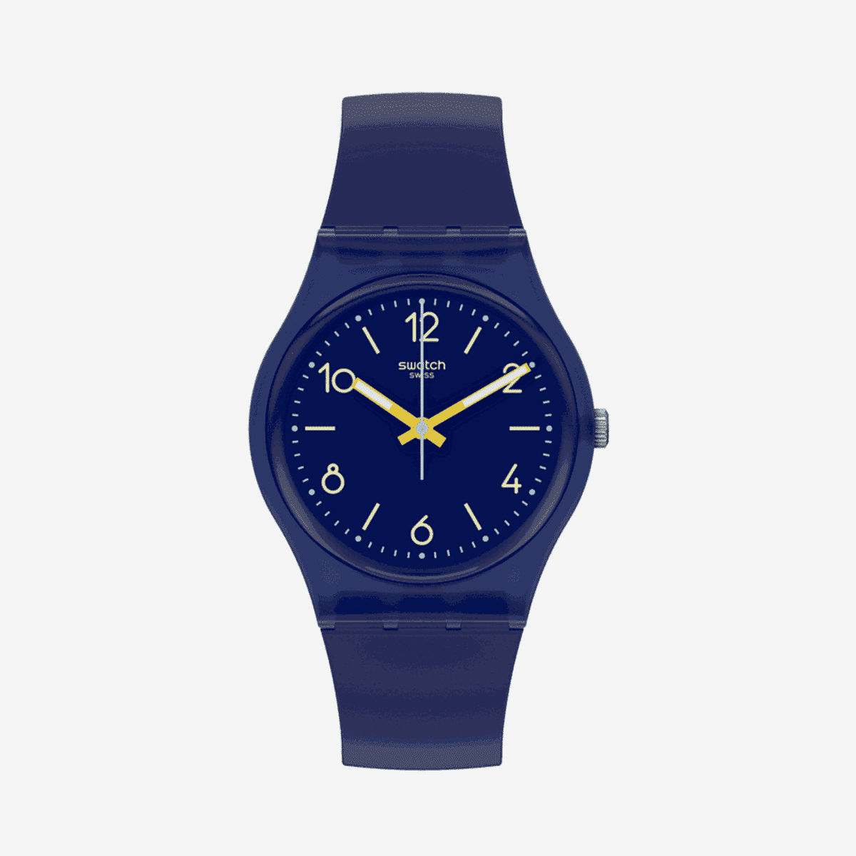 Vista frontal del Reloj Swatch Indigo Swing con esfera y correa azul marino - SO28N108