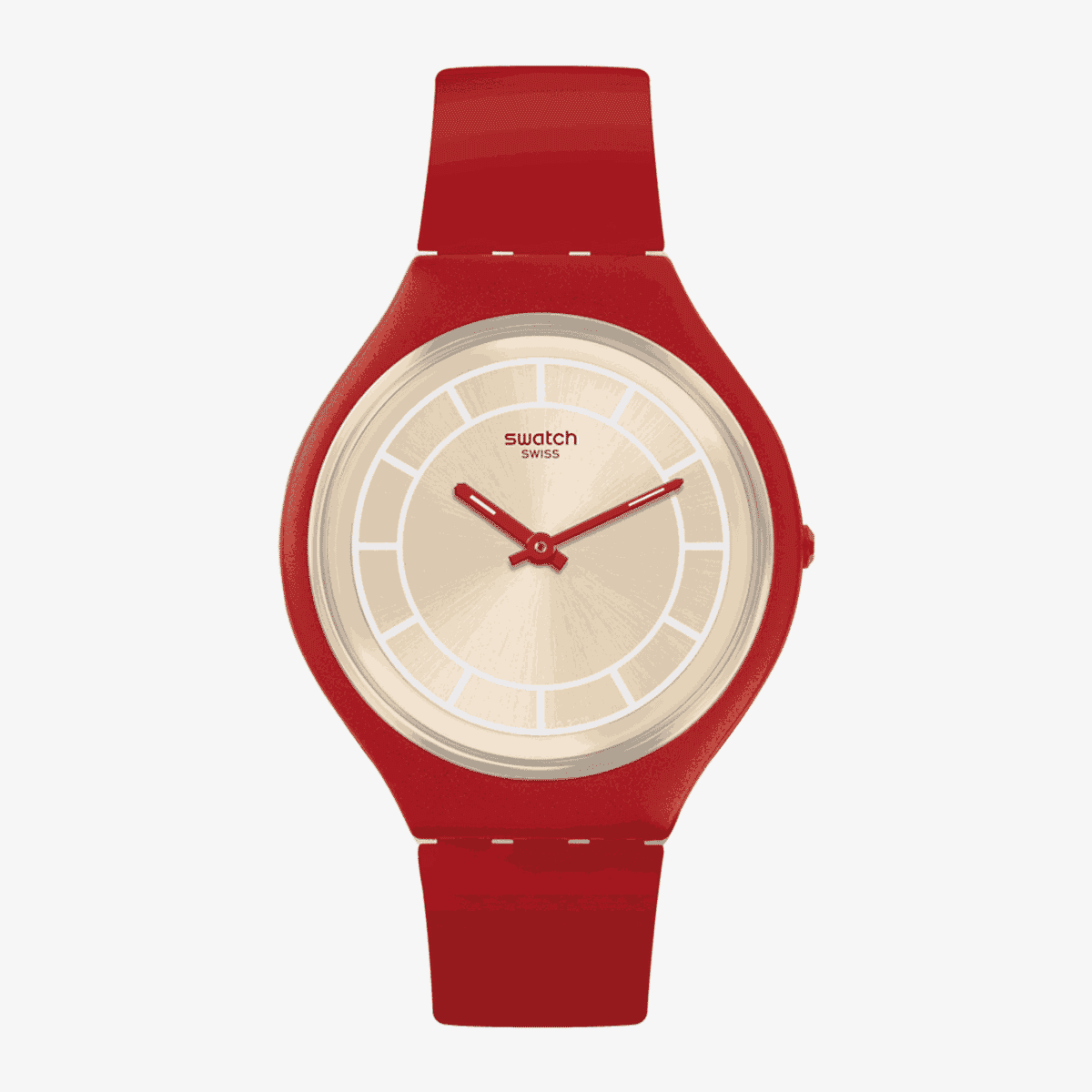 Vista frontal del Reloj Swatch Skinhot con caja y correa roja - SVUR100