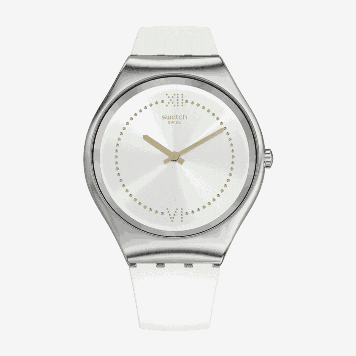 Vista frontal del Reloj Swatch Skindoree con caja plateada y correa blanca - SYXS108 Vista frontal del Reloj Swatch Skindoree con caja plateada y correa blanca - SYXS108