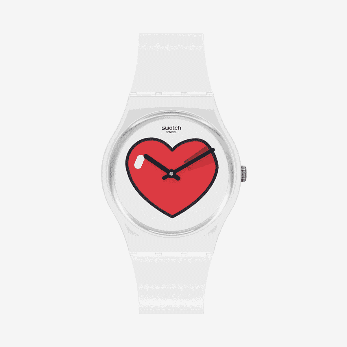 Vista frontal del Reloj Swatch Love O'CLOCK con esfera blanca y corazón rojo - GW718