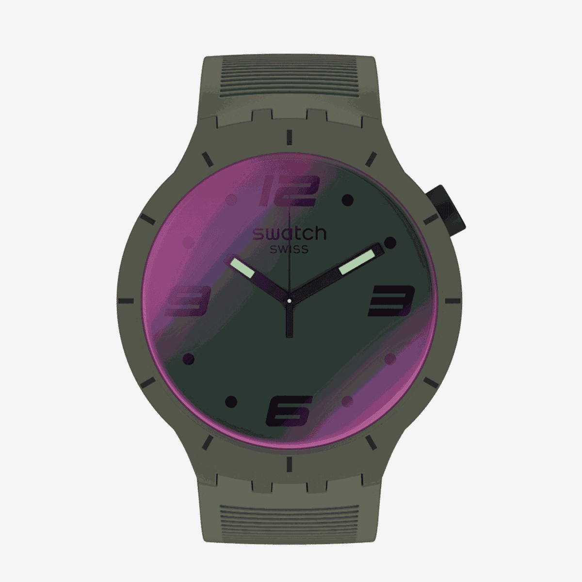 Vista frontal del Reloj Swatch Futuristic Green con caja verde militar y detalles morados - SO27M105
